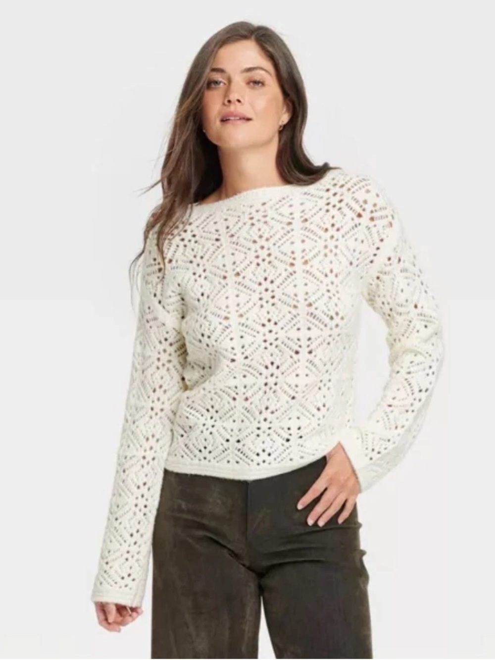 Universal Thread Cream Openwork Crewneck Sweater